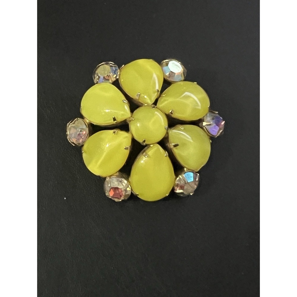 VINTAGE yellow GLASS aurora borealis RHINESTONE BROOCH pin prong - Picture 3 of 13